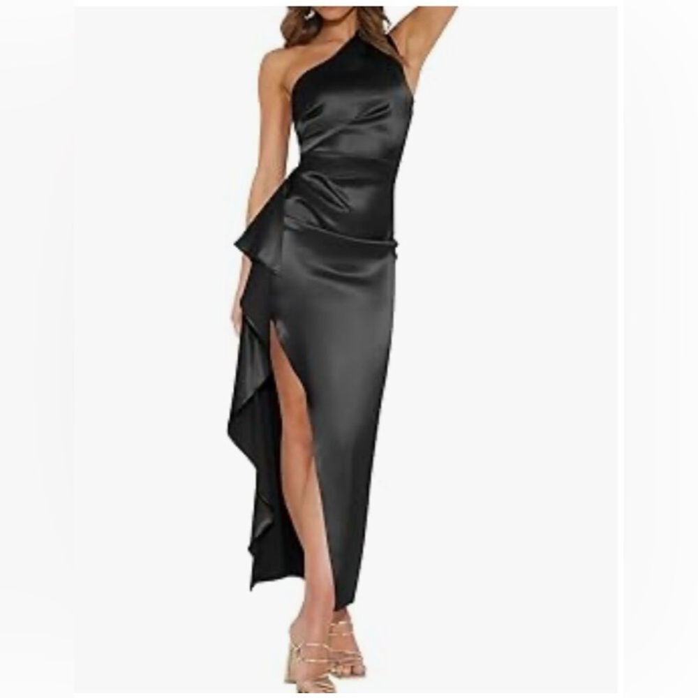 NEW Black Satin 1 Shoulder Long Sleeve High Slit Maxi Dress Sz Medium!  NEW!! - Picture 2 of 6